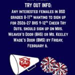 Sign-up deadline extended to Friday for BHS cheer tryouts Deadline for sign up extended to TODAY Friday, February 6
