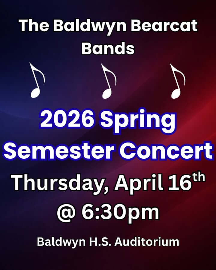 Make plans to support your Baldwyn Bearcat Bands tomorrow in Spring Concert!