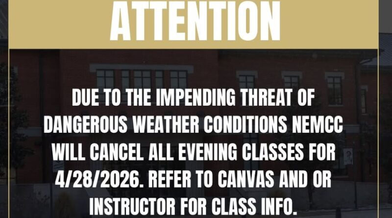Northeast Mississippi Community College cancels evening classes due to severe weather forecast DUE TO THE IMPENDING THREAT OF DANGEROUS WEATHER CONDITIONS NEMCC WILL CANCEL ALL EVENING CLASSES FO