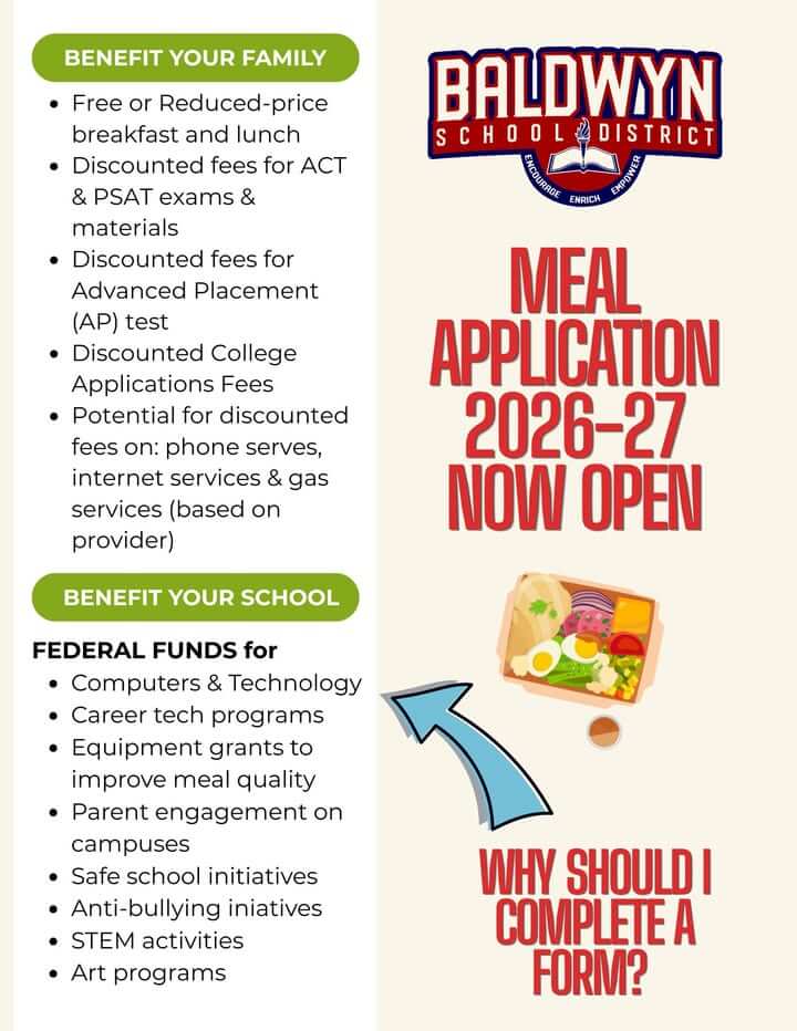 The 2026-27 Baldwyn School District Free and Reduced-Price Meal Application is now available online
