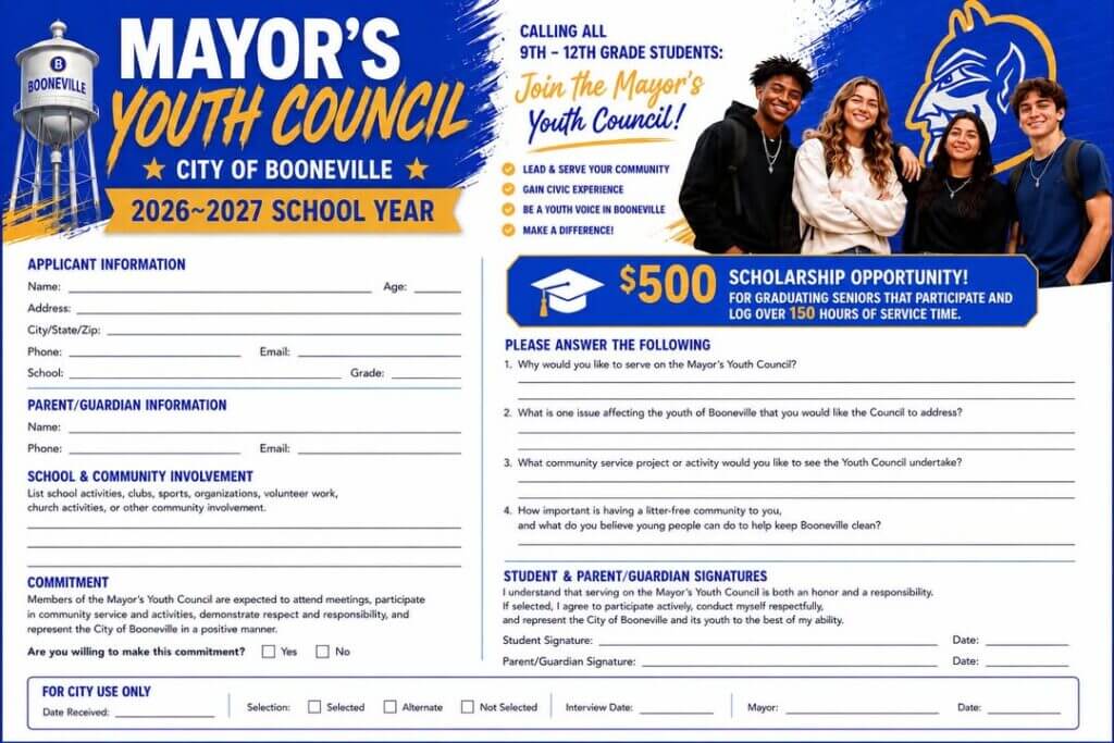 The City of Booneville is launching its first annual Mayor’s Youth Council for Booneville students i