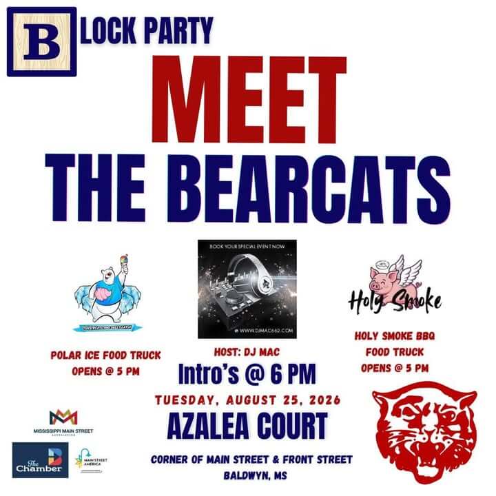 Bearcat Block Party TONIGHT at Azalea Court in downtown Baldwyn!